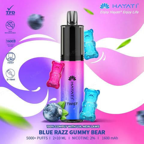 Buy cheapest online Hayati Twist 5500 Puffs Disposable Vape Pod Kit Blue Razz Gummy Bear at lowest price in uk