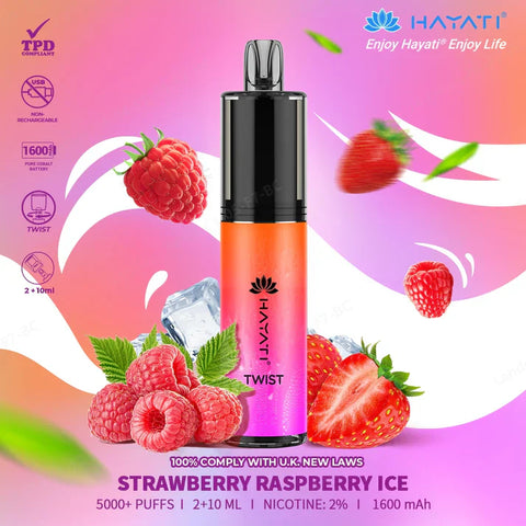 Buy cheapest online Hayati Twist 5500 Puffs Disposable Vape Pod Kit Strawberry Raspberry Ice at lowest price in uk