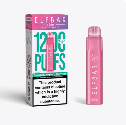 Buy cheapest online Elfbar 1200 Puffs 2 in 1 Prefilled Pod Kit Strawberry Raspberry Cherry Ice at lowest price in uk