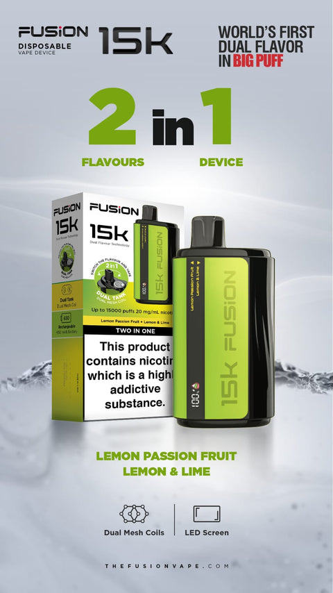 Buy cheapest online 2 in 1 Fusion 15000 Puffs Disposable Vape Pod Kit Lemon Passion Fruit + Lemon Lime at lowest price in uk