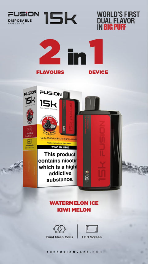 Buy cheapest online 2 in 1 Fusion 15000 Puffs Disposable Vape Pod Kit Watermelon Ice + Kiwi Melon at lowest price in uk