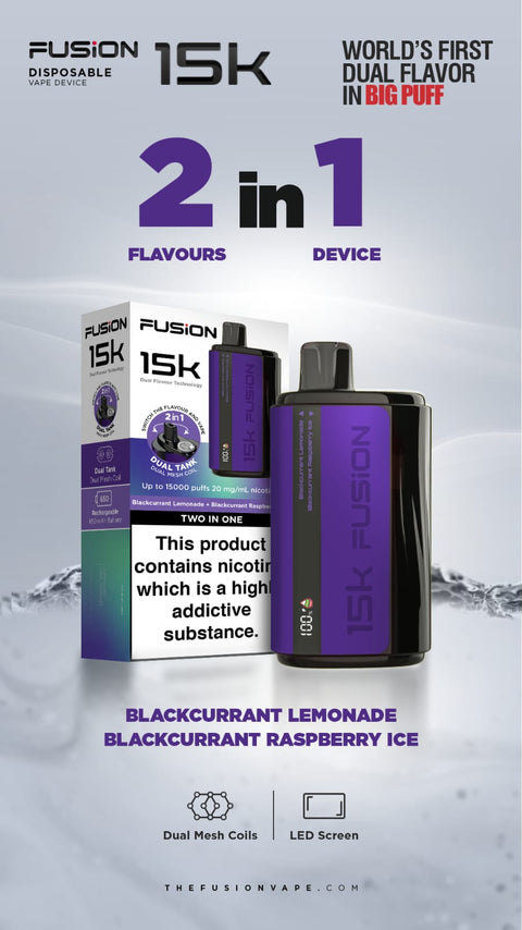 Buy cheapest online 2 in 1 Fusion 15000 Puffs Disposable Vape Pod Kit Blackcurrant Lemonade + Blackcurrant Raspberry Ice at lowest price in uk