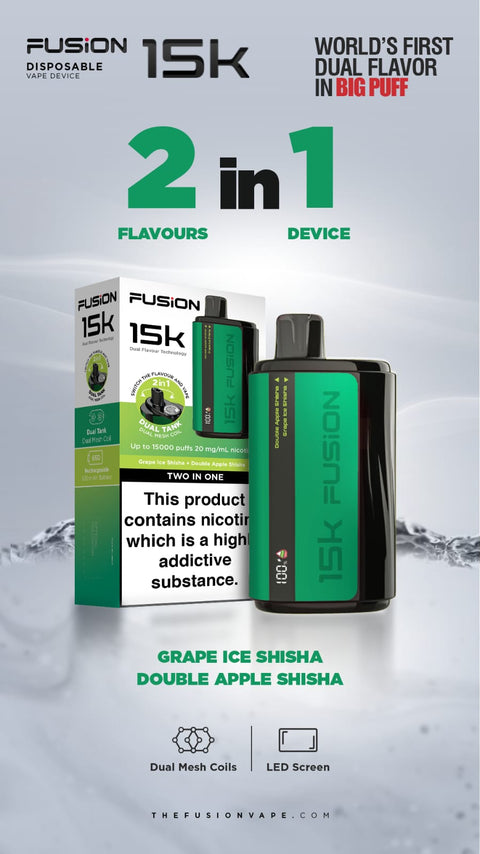 Buy cheapest online 2 in 1 Fusion 15000 Puffs Disposable Vape Pod Kit Grape Ice Shisha + Double Apple Shisha at lowest price in uk