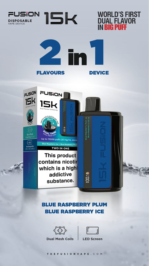 Buy cheapest online 2 in 1 Fusion 15000 Puffs Disposable Vape Pod Kit Blue Raspberry Plum + Blue Raspberry Ice at lowest price in uk