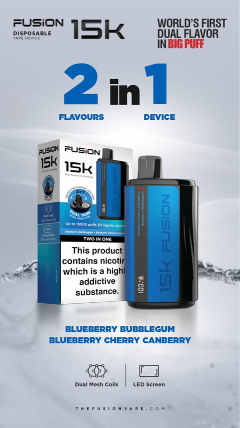 Buy cheapest online 2 in 1 Fusion 15000 Puffs Disposable Vape Pod Kit Blueberry Bubblegum + Blueberry Cherry Cranberry at lowest price in uk