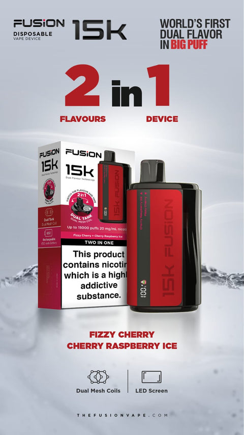 Buy cheapest online 2 in 1 Fusion 15000 Puffs Disposable Vape Pod Kit Fizzy Cherry + Cherry Raspberry at lowest price in uk