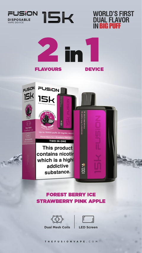 Buy cheapest online 2 in 1 Fusion 15000 Puffs Disposable Vape Pod Kit Forest Berry Ice + Strawberry Pink Apple at lowest price in uk