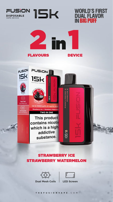 Buy cheapest online 2 in 1 Fusion 15000 Puffs Disposable Vape Pod Kit Strawberry Ice + Strawberry Watermelon at lowest price in uk