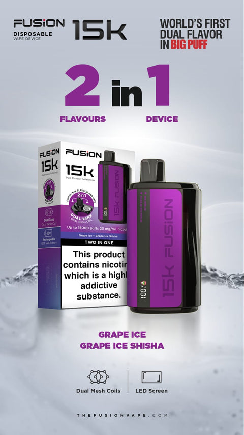 Buy cheapest online 2 in 1 Fusion 15000 Puffs Disposable Vape Pod Kit Grape Ice + Grape Ice Shisha at lowest price in uk