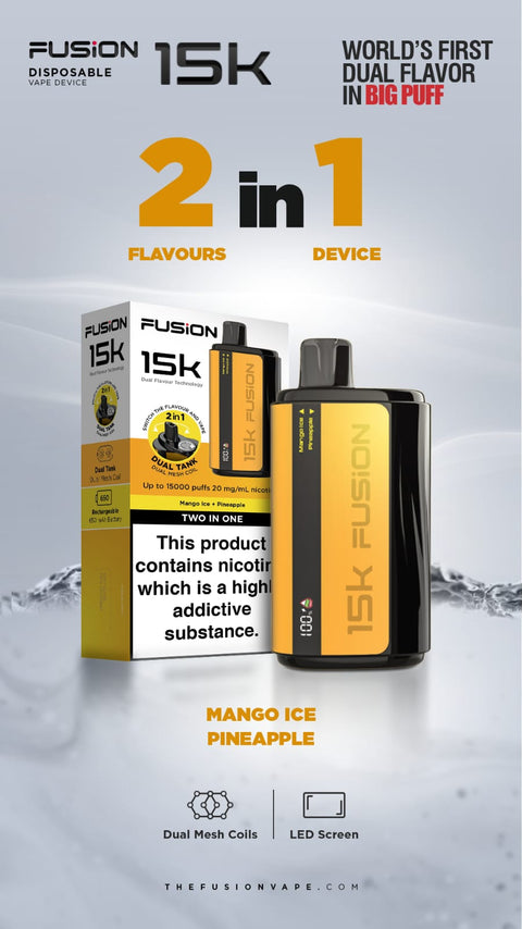 Buy cheapest online 2 in 1 Fusion 15000 Puffs Disposable Vape Pod Kit Mango Ice + Pineapple at lowest price in uk