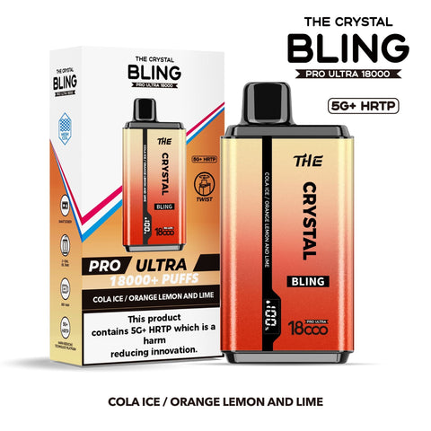 Buy cheapest online The Crystal Bling Pro Ultra 18000 Disposable Vape Box of 5 Cola Ice Orange Lemon and Lime at lowest price in uk