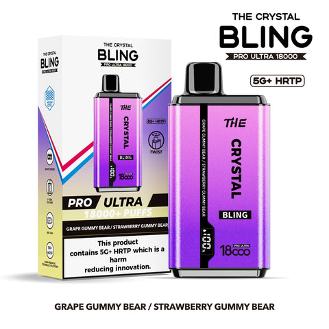 Buy cheapest online The Crystal Bling Pro Ultra 18000 Disposable Vape Box of 5 Grape Gummy Bear Strawberry Gummy Bear at lowest price in uk