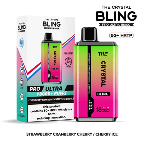 Buy cheapest online The Crystal Bling Pro Ultra 18000 Disposable Vape Box of 5 Strawberry Cranberry Cherry Cherry Ice at lowest price in uk