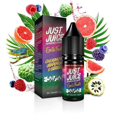 Buy cheapest online Just Juice Exotic Fruits 50/50 10ml E liquids Box of 10 3mg Cherryimoya Grapfruit Berries at lowest price in uk